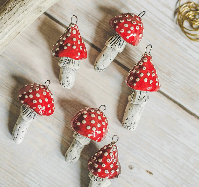 Set of six Christmas tree mushroom ornament - Ceramic red mushroom decoration gift guide