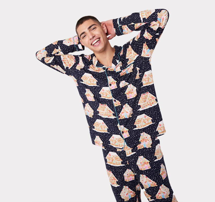 Men's Navy Christmas Gingerbread Houses Print Long Pyjama Set gift guide