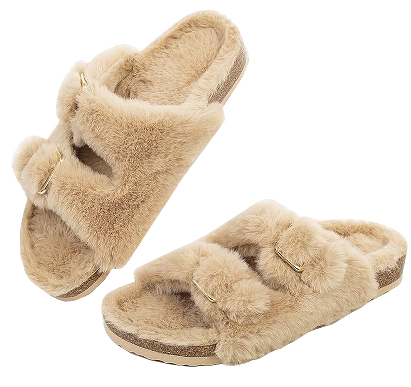 FITORY Womens Open Toe Slipper with Cozy Lining,Faux Rabbit Fur Cork Slide Sandals gift guide