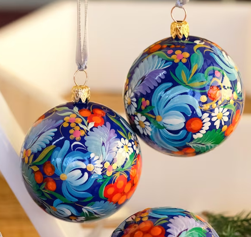 and-painted Ukrainian Christmas ornaments, Blue flower tree balls gift guide